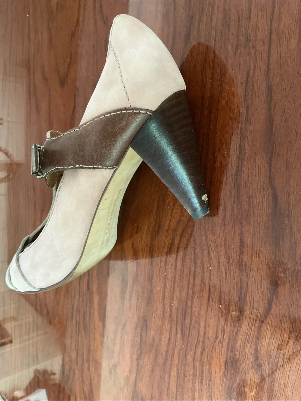 Miss Sixty Cream and Brown T-Strap Heels